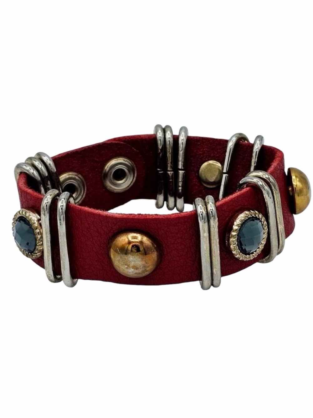 King Star Cuff Bracelet Red Leather Vintage Midnight Gem Gold Tone Button Accent